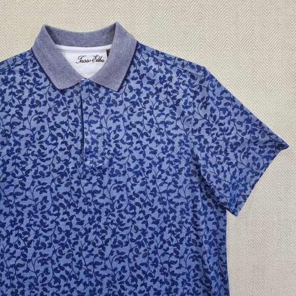 Tasso Elba Polo Shirt Men's Medium Navy Blue Floral Short Sleeve Hidden Buttons - Picture 3 of 12